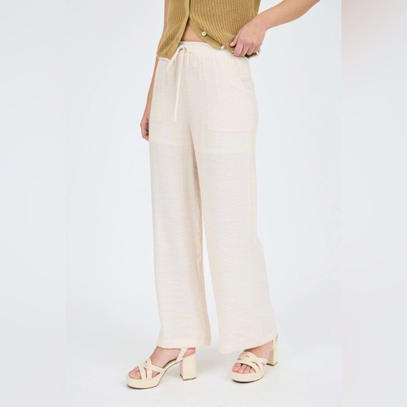 High Waist Drawstring Wide Leg Pants in Oatmeal - Picture 1 of 3